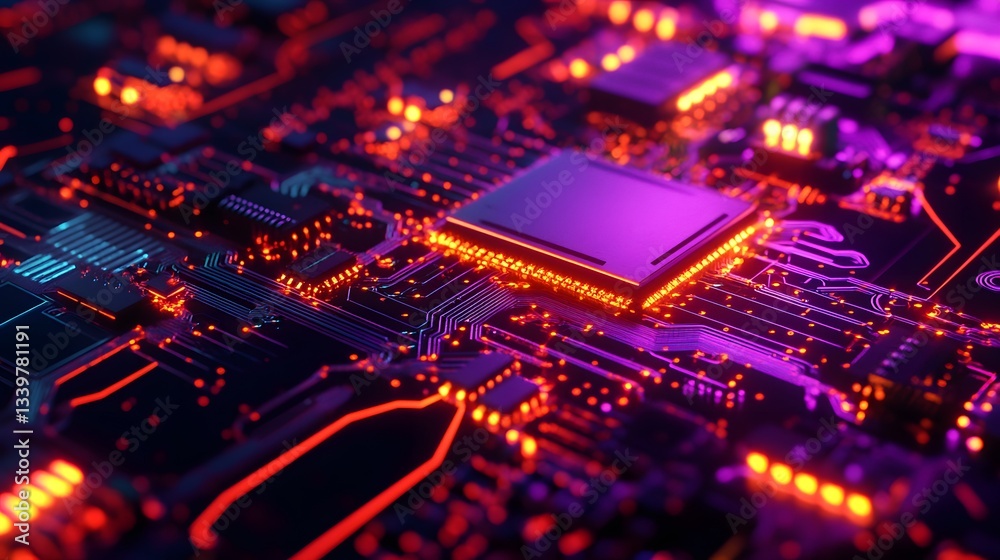 Circuit Board: Illuminated close-up of a high-tech circuit board showcasing the intricate details of a modern electronic device, with dynamic lines and glowing elements. 