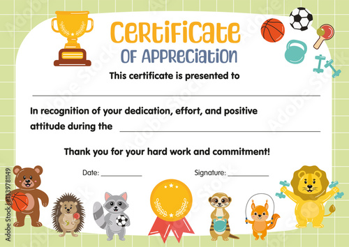 Certificate of appreciation sport competition for kids. Sport diploma template for children in school preschool kindergarten, summer camp. Certificate of participation achievement completion for kids.