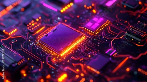 Cybernetic Symphony: A captivating image showcasing the intricate beauty of a high-tech circuit board, glowing with vibrant colors. It's a visual masterpiece of modern technology.