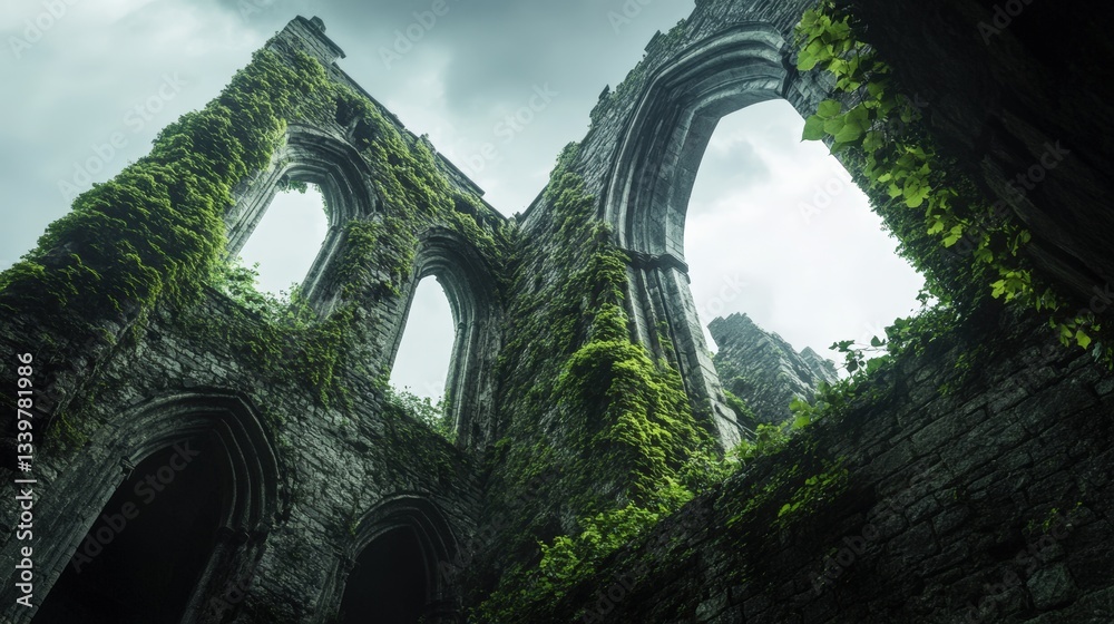 Fototapeta premium Overgrown gothic ruins with ivy-covered arches bathed in soft mystical light, evoking an enchanted atmosphere
