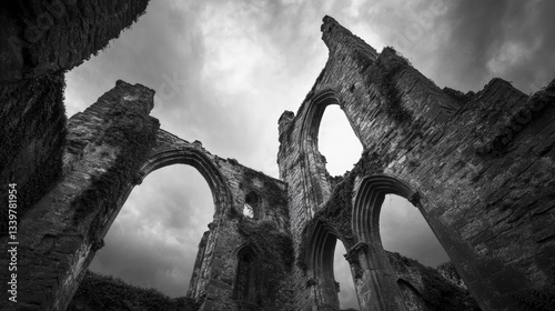 A black and white image of gothic ruins under a stormy sky, creating a dramatic and eerie atmosphere