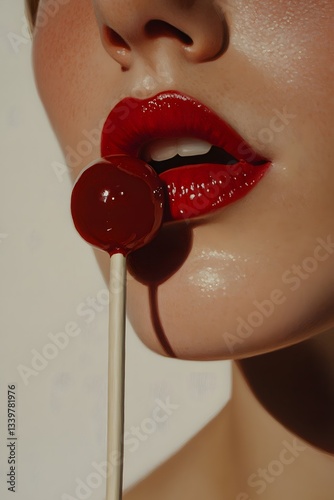 Sweet Sensation: A close-up of a person's lips, vividly painted in glossy red, engaging with a lollipop, evoking a sense of sensual delight and playful indulgence. 