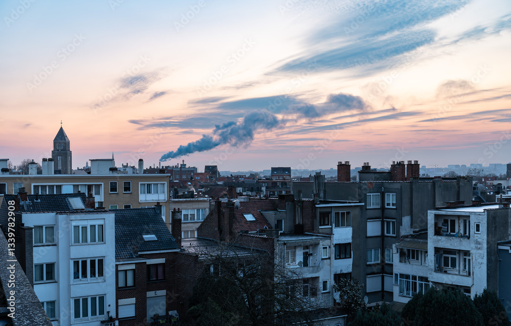 Obraz premium High angle view over backyards and rooftops in a residential area during an early morning sunrise in Jette, Brussels Capital Region