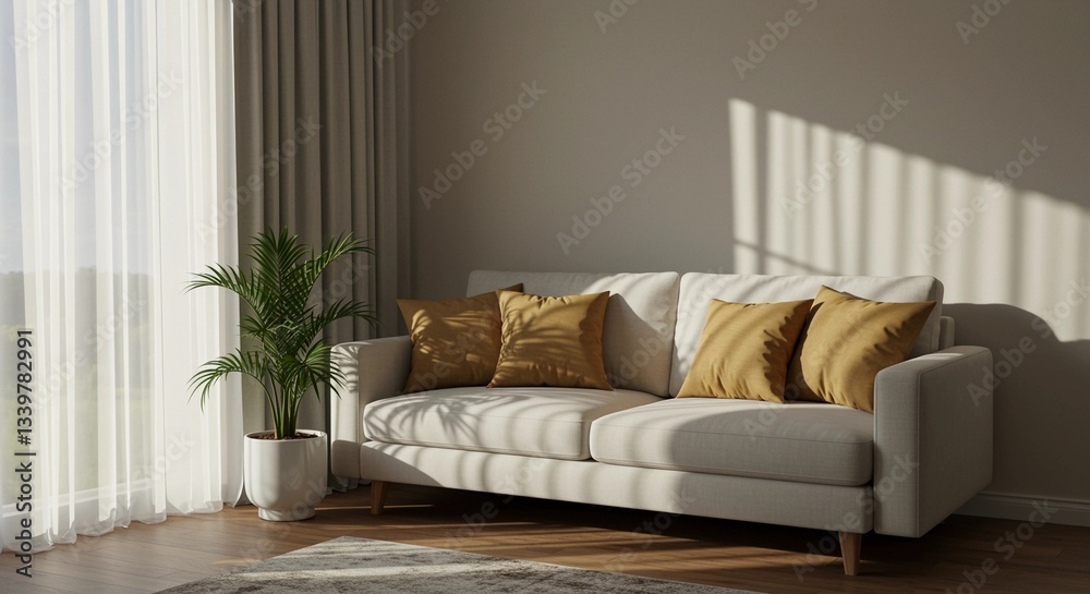 Fototapeta premium Sofa in bright living room with pillows plant curtains and sunlight