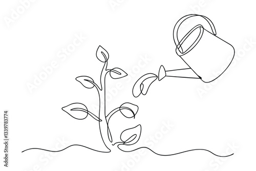 Watering Can, Plant Growth, Continuous Line Art, Single Line Drawing, Nature, Gardening, Sprout, Irr
