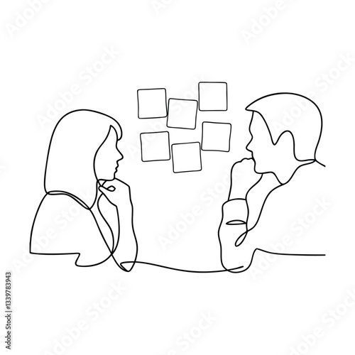 Oneline drawing of brainstorming colleagues, ideas, planning session