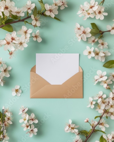 A minimalist composition featuring a blank card partially tucked into an elegant envelope, surrounded by delicate spring blossoms on a soft mint background.