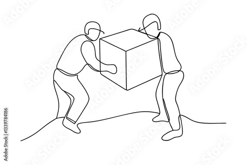 Two Men Cooperatively Lifting a Heavy Cube Package Delivery