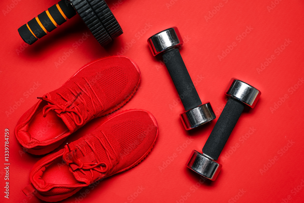 Fototapeta premium Dumbbells, sneakers and barbell on red background, flat lay