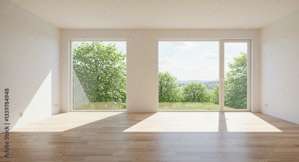 Fototapeta premium Bright empty room with hardwood floors and large windows overlooking nature