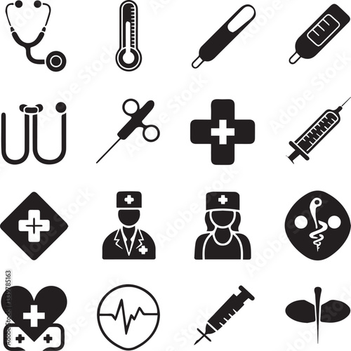 A collection of black and white medical tool icons on white background
