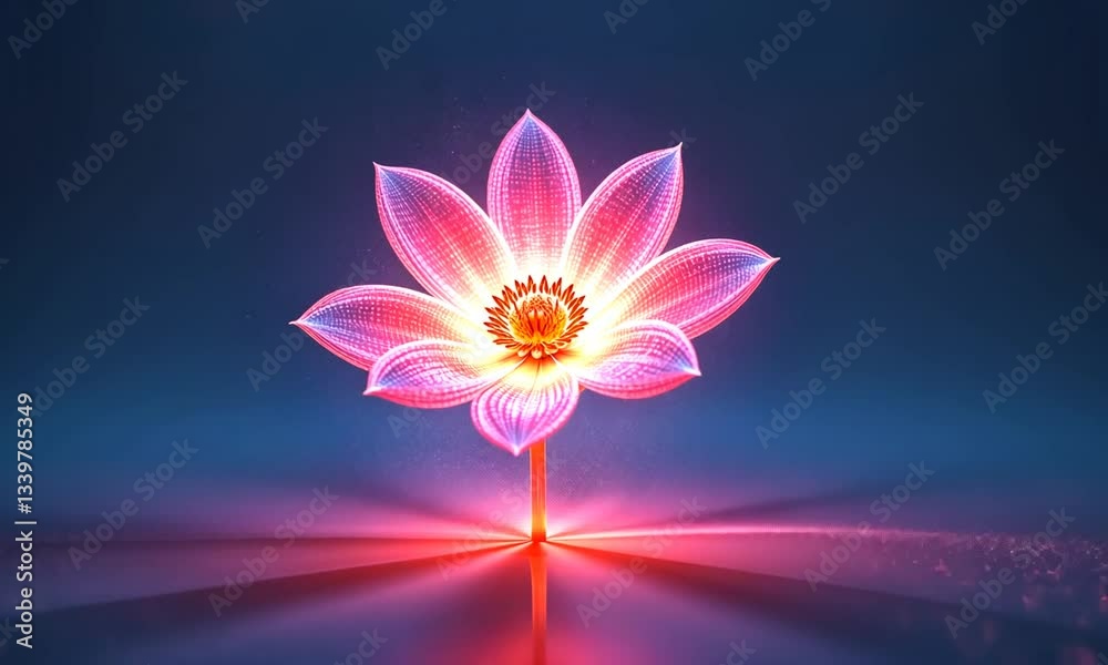 Futuristic glowing pink lotus flower floating in darkness with soft neon illumination. Concept of enlightenment and spirituality