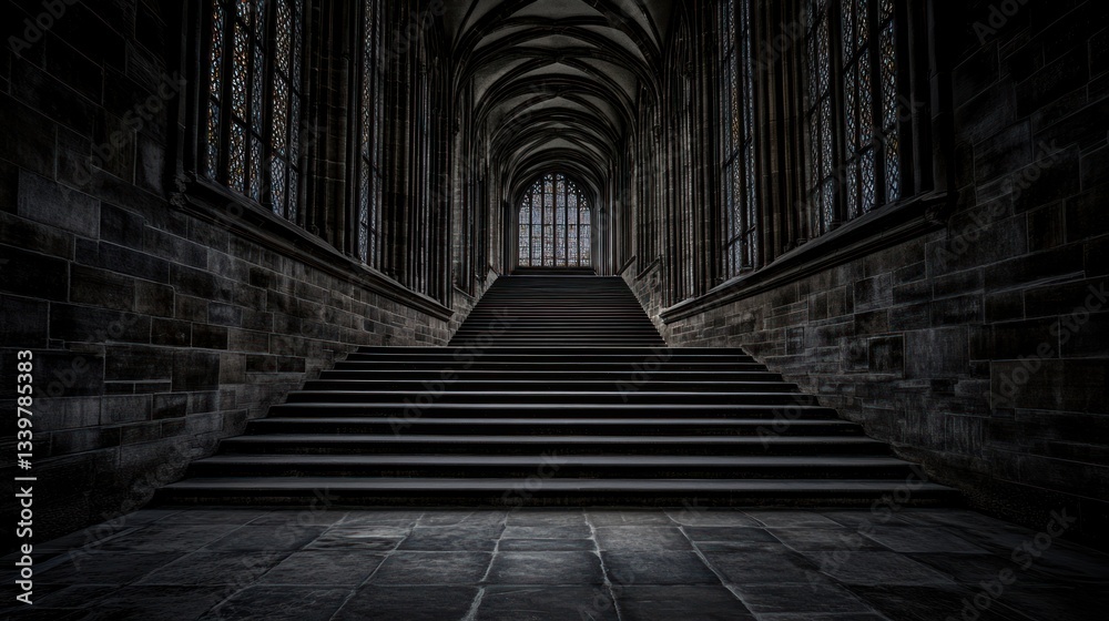 Fototapeta premium Dark Gothic Staircase: A Mystical Descent into History