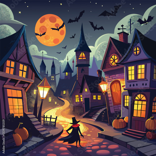 Enchanted Halloween Village at Night with a Full Moon, Bats Flying, and a Witch Walking Down the Cobblestone Street