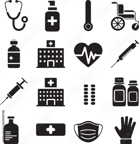 A collection of black and white medical tool icons on white background