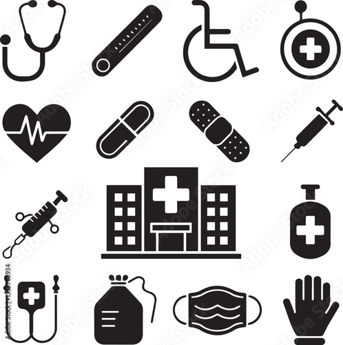 A collection of black and white medical tool icons on white background