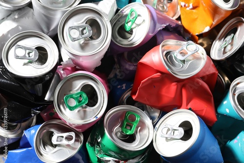 Many crumpled tin cans as background, closeup