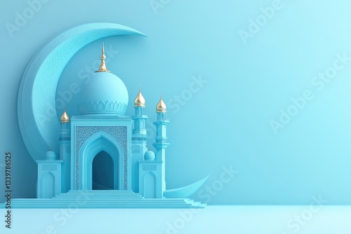 Wallpaper Mural Light blue mosque with crescent moon, 3d render, islamic, elegant, minimalist, religious, peaceful, backdrop, celebration, ramadan, light blue background, detailed mosque architecture, golden Torontodigital.ca