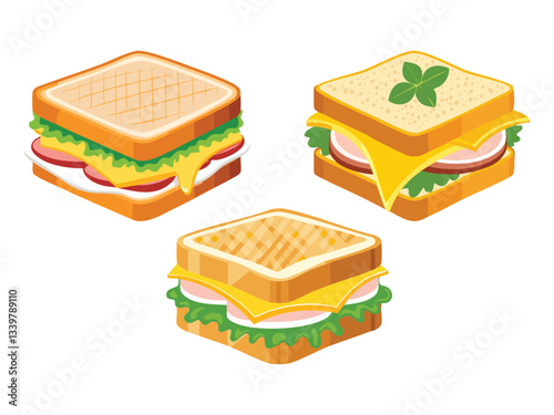 Vector illustration of a Croque Monsieur Grilled Ham and Cheese Sandwich