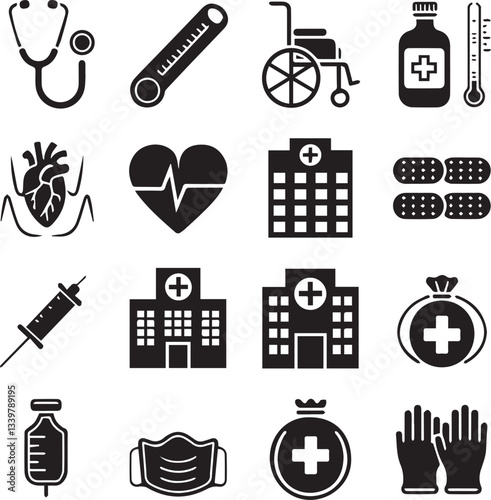 A collection of black and white medical tool icons on white background