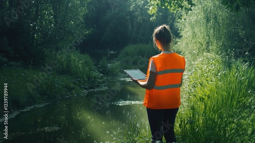 Obraz na płótnie Environmental Scientist by the River Studying Ecology w salonie