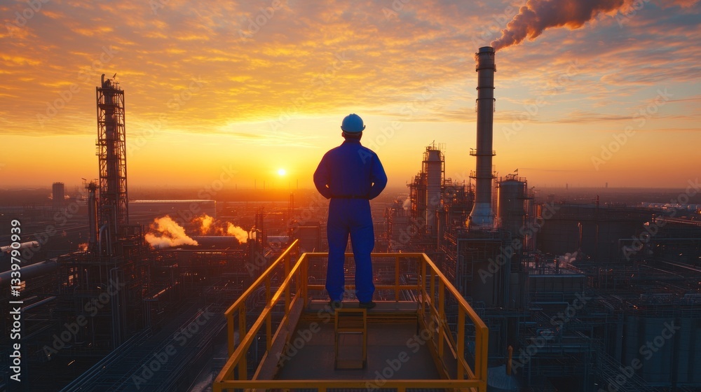 Sunset Over Industrial Refinery: A Worker's Contemplative View
