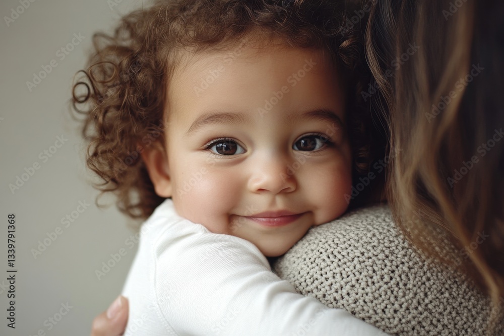 Smiling toddler hugging mother, enjoying tender family moment Smiling toddler hugging mother, enjoying tender family moment
