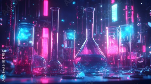 Glowing Lab: A collection of beakers and flasks bathed in an electric neon light with glowing chemical reactions, hinting at the wonders of scientific exploration.