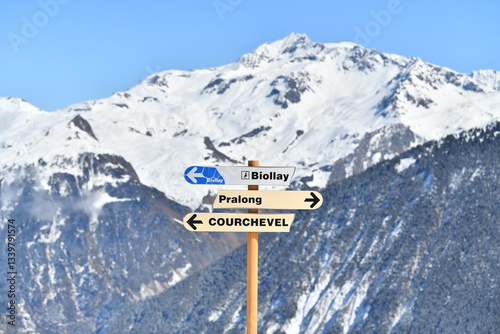 Direction sign showing the slopes in Courchevel ski resort, French alps by winter