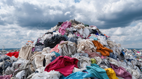 Massive pile of discarded old used clothing in landfill. Fast fashion industry waste, textile waste, environmental disaster, pollution concept
