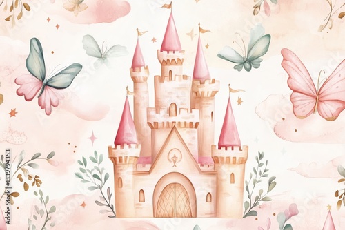 Fairy princess castle hand drawn watercolor illustration. Patern seamless set print textile background clipart for little girls for the holiday congratulations 