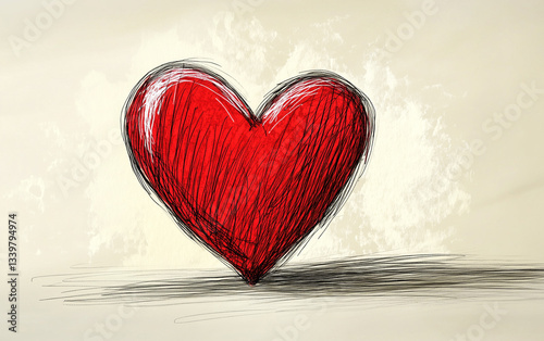 Red Heart Sketch Illustration on Beige Background for Valentine's Day or Love Concepts.