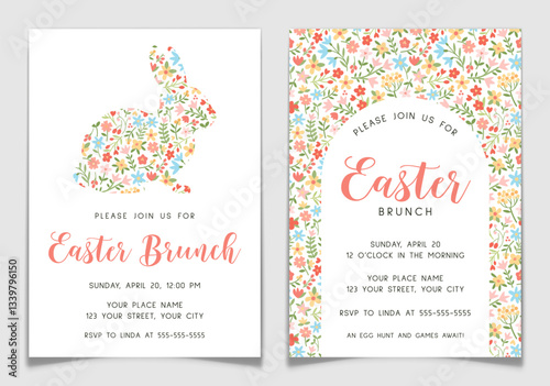 Easter Brunch Invitation Cards with Floral Bunny.
