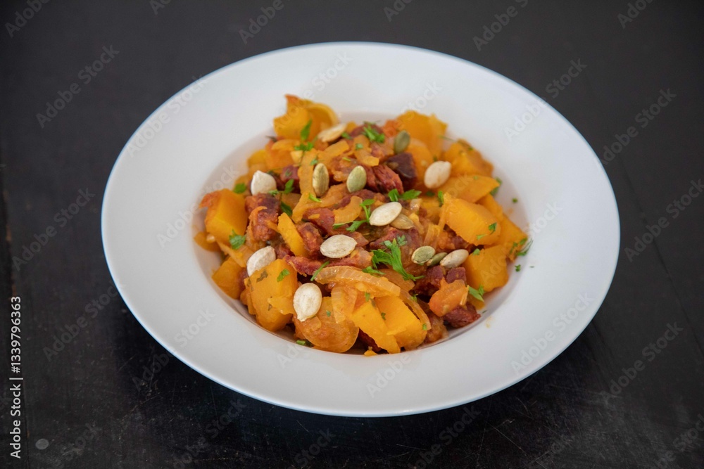 Traditional dried meat with pumpkin known in Brazil as jabá com jirimum Traditional dried meat with pumpkin known in Brazil as jabá com jirimum