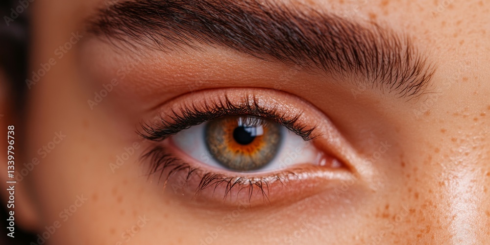 Obraz premium A close-up of a captivating human eye showcases unique colors and textures. This image represents beauty and detail in portrait photography. Ideal for artistic and commercial purposes. AI