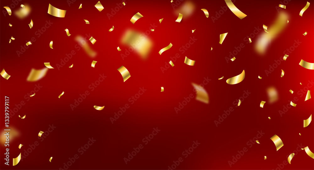 Anniversary background. Gold confetti falling frame. Winner red banner. Birthday surprise. Prize celebrate. Bright glitter flying. Holiday party. Golden festive tinsel. Vector illustration