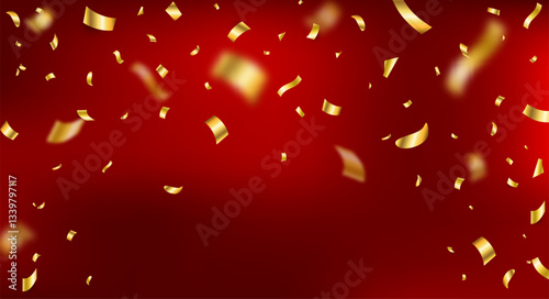 Anniversary background. Gold confetti falling frame. Winner red banner. Birthday surprise. Prize celebrate. Bright glitter flying. Holiday party. Golden festive tinsel. Vector illustration