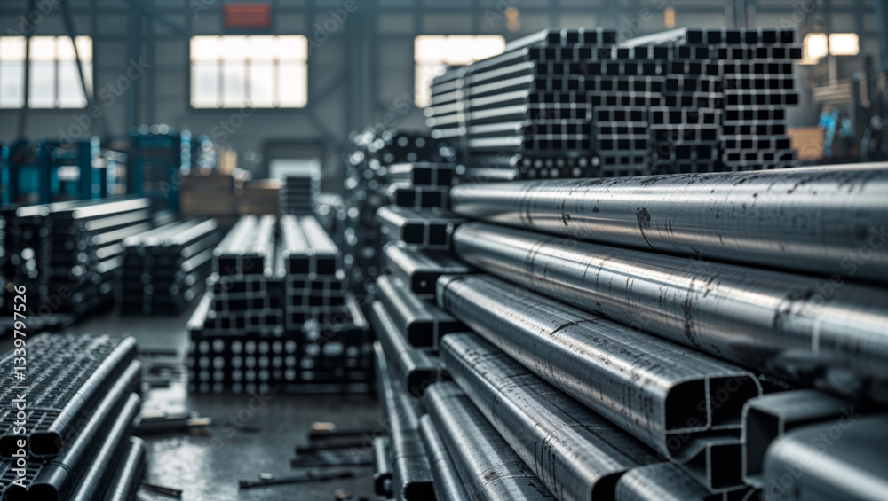 Naklejka premium Neatly stacked metal pipes and tubes showcase industrial strength and organization in a warehouse.