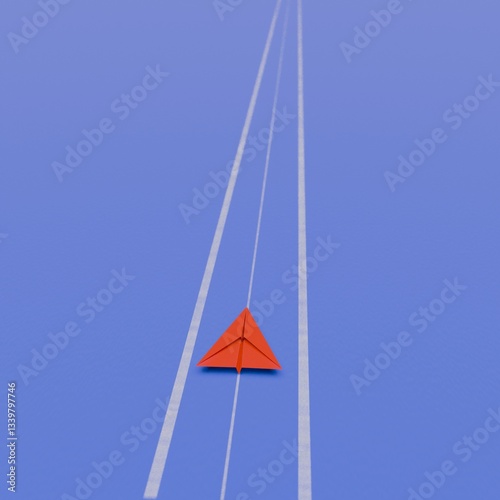 Red paper airplane flying on a different path with contrail on blue background