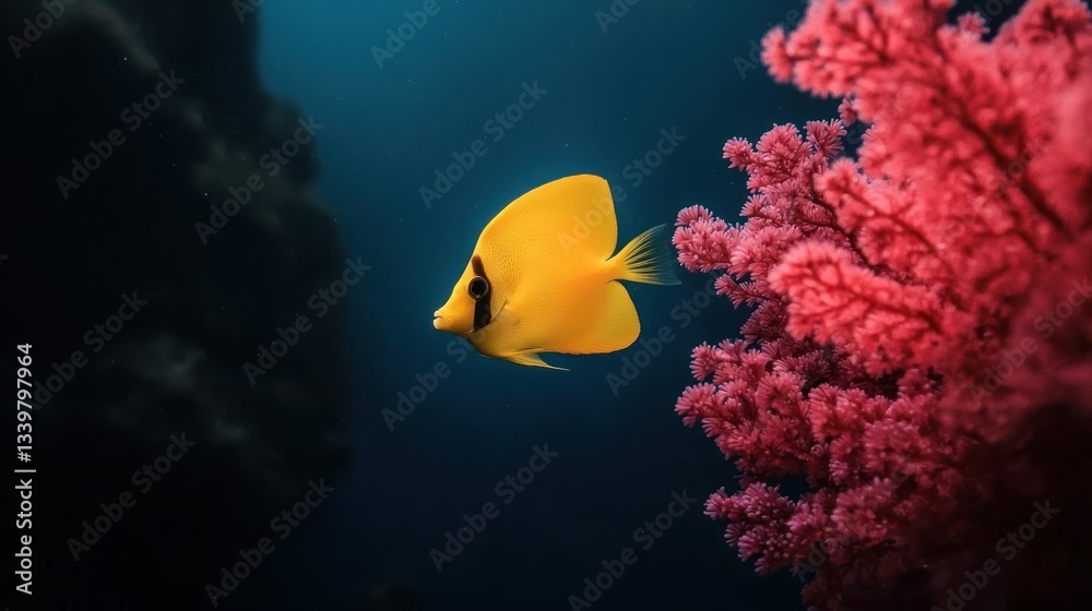 Obraz premium Yellow Butterfly Fish Swimming Near Pink Coral Reefs