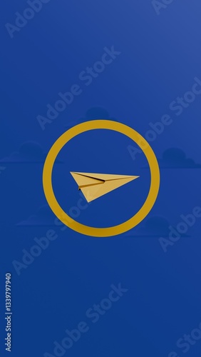 Yellow paper airplane inside a circular frame on a dark blue background with cloud silhouettes