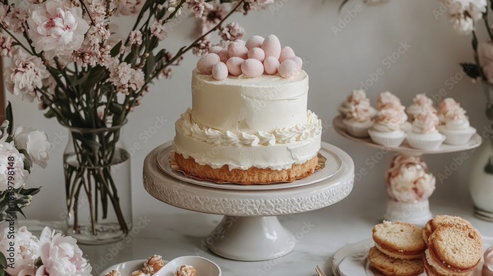 Fototapeta premium Elegant Two Tiered Easter Cake With Pastel Eggs