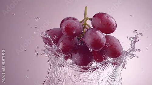 Fresh red grapes with water splashing against a soft background