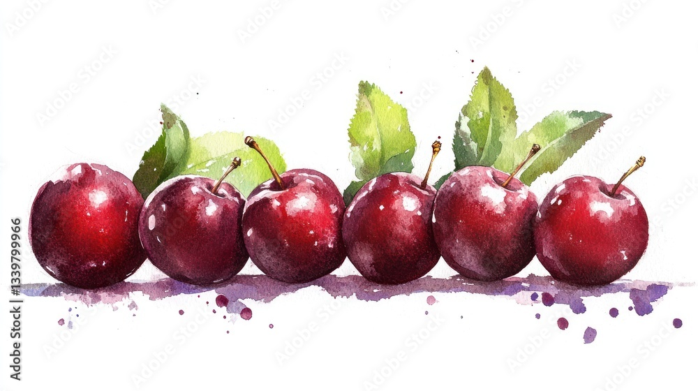 Obraz premium Watercolor Painting of Six Plums with Leaves