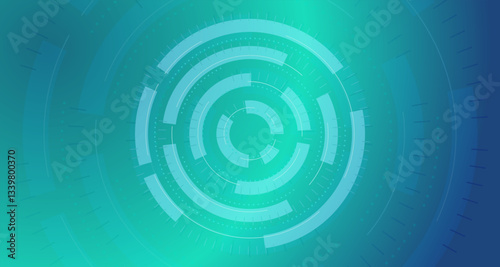 High-tech digital interface design featuring concentric circular elements in shades of blue and green. Abstract futuristic and cybernetic background.