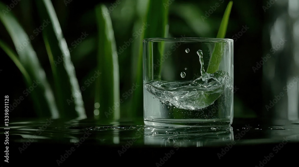 A clear glass showing splashing water with green leaves A clear glass showing splashing water with green leaves
