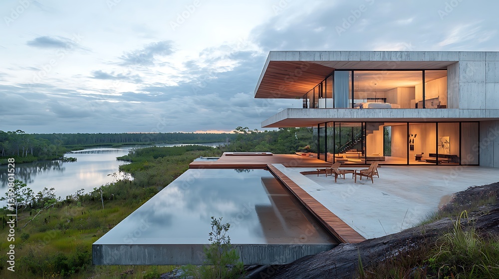 Fototapeta premium Modern house overlooking a tranquil lake
