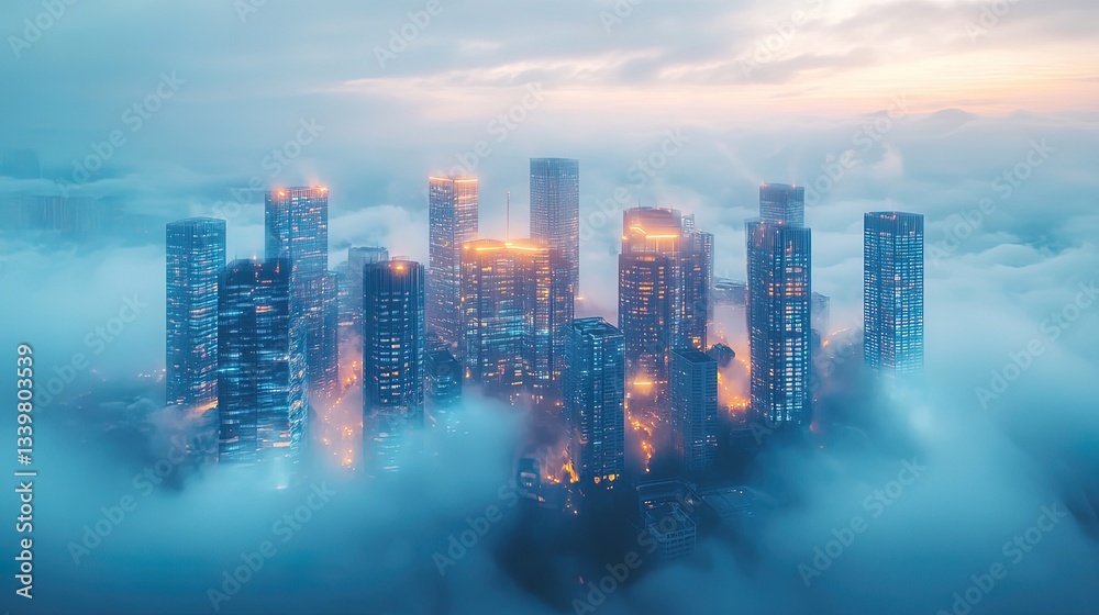Fototapeta premium A surreal cityscape with glowing futuristic buildings rising through mist 