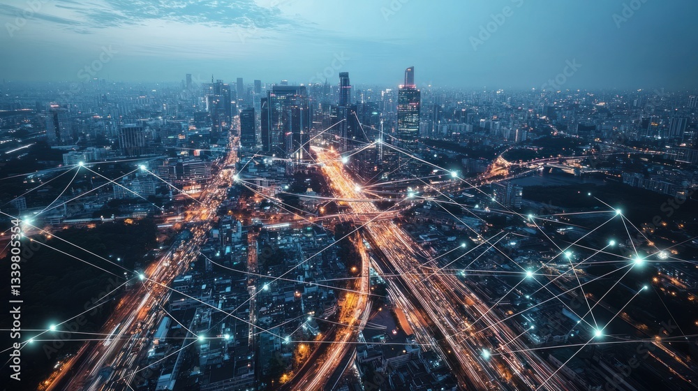 Fototapeta premium Illuminated Cityscape with Interconnected Network Lines