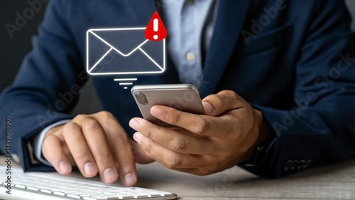 Smartphone Warning! Cybersecurity Alert: Hacked Email, Junk Mail, Scam, Malware Virus Spreading. Potential Threats & Urgent Notification. Digital     